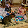 child, children, cat, tabby_cat, board_game, carpet, indoor, playing, toy, floor, furniture, mirror, window, curtain, door, wood_floor, red_collar, girl, boy, bow