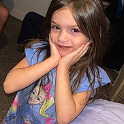 Ailanie joined the competition — help win amazing prizes! child, girl, smile, indoor, dress, cartoon, bed, blanket, long_hair, person, happy, cute, young, standing, room, carpet, wall, window, hand_on_face, playful