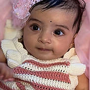 Isabel is registered to the contest to win money with this photo: baby, infant, child, headband, pink, knitwear, dress, hand, bracelet, face, eyes, portrait, cute, soft, closeup, skin, clothing, newborn, indoors, expression