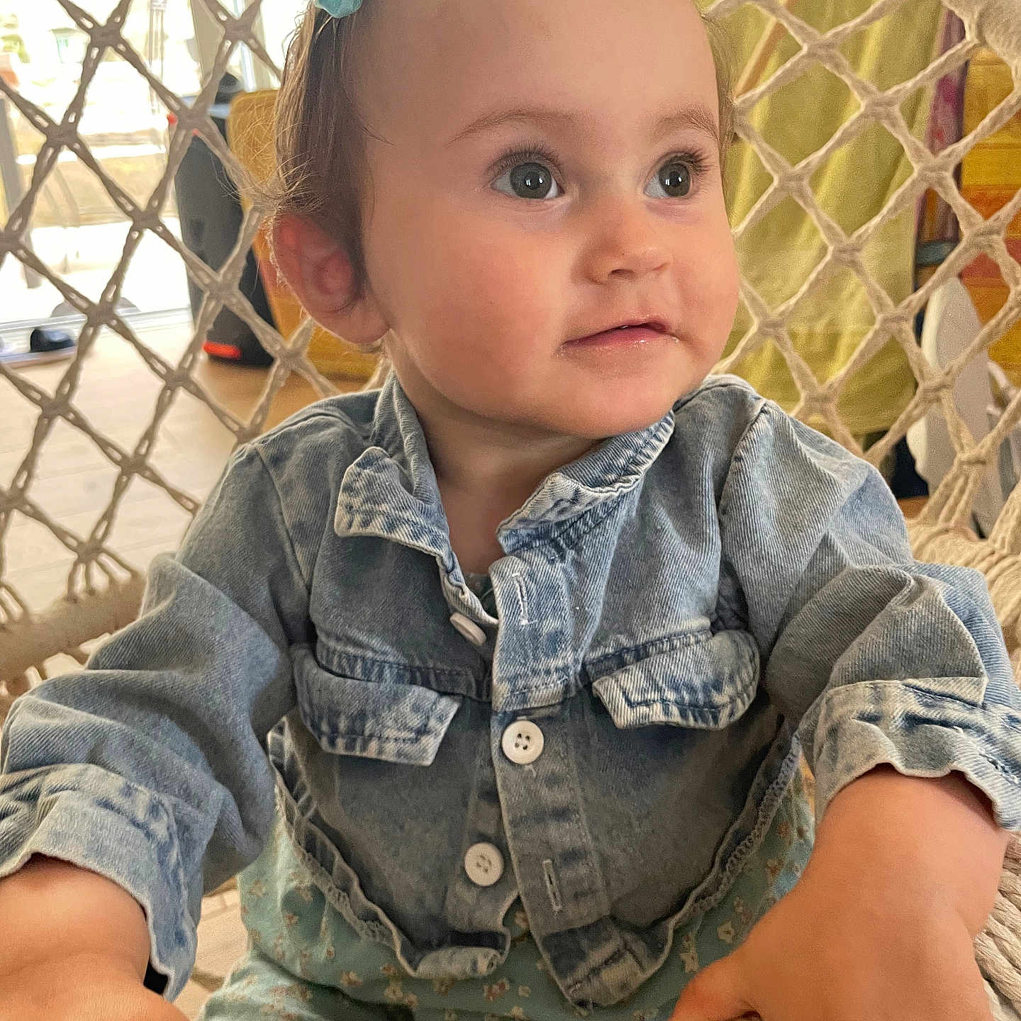 Malya participe au concours pour gagner de l'argent avec cette photo : accessories, baby, bed, chair, clothing, coat, face, furniture, happy, head, jacket, jeans, pants, person, photography, portrait, shirt, sitting, sleeve, smile