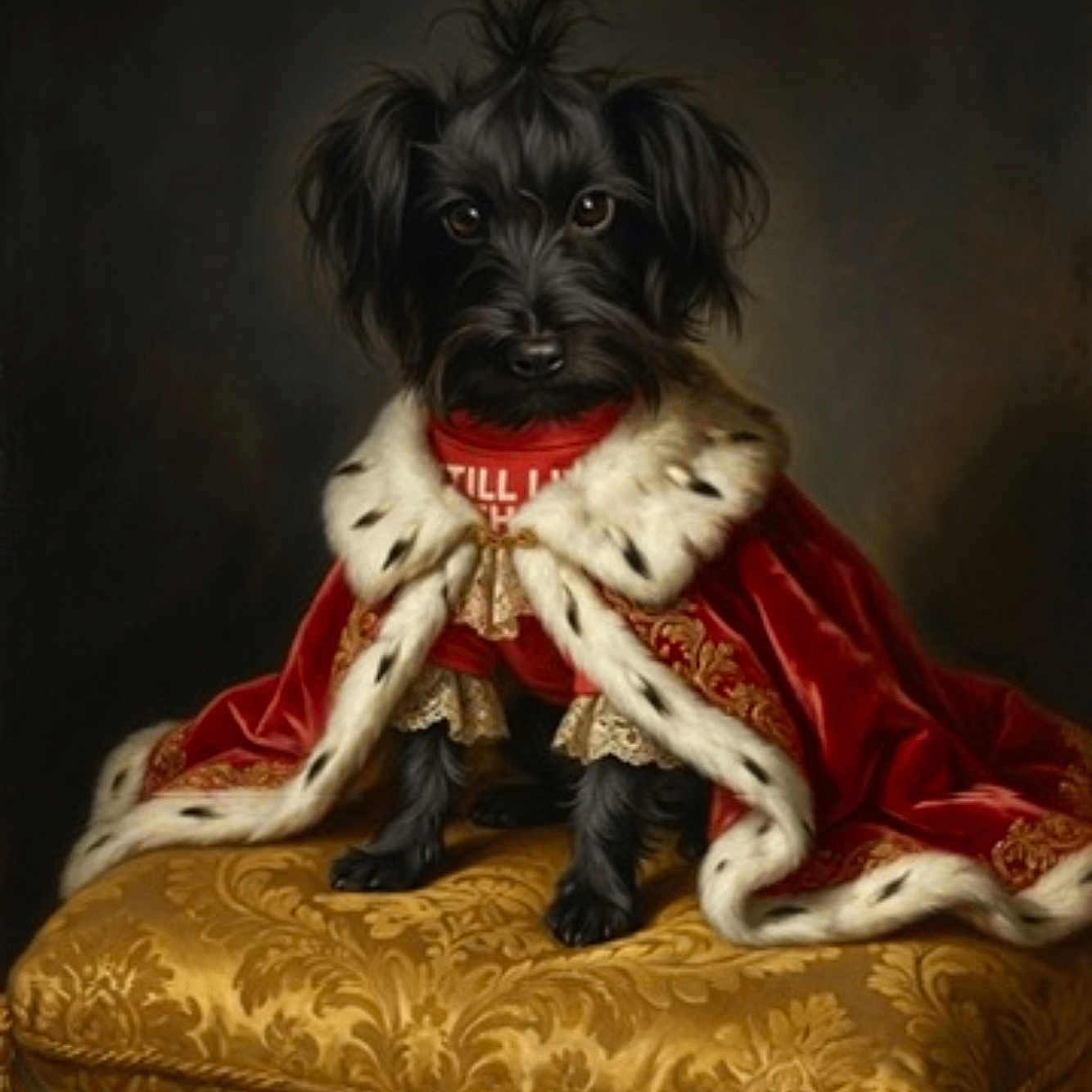 Pedra Morcilio is registered to the contest to win money with this photo: black_dog, costume, cute, decor, dog, fancy, fur, fur_trim, golden_cushion, indoor, luxury, ornate, pet, portrait, red_cape, regal, royal_cape, sitting, small_dog, velvet