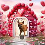 dog, french_bulldog, dog_house, heart, heart_balloon, valentine, pink, flowers, rose_petals, pathway, doorway, grass, whimsical, decorative, cute, portrait, pet, romantic, balloons, garden