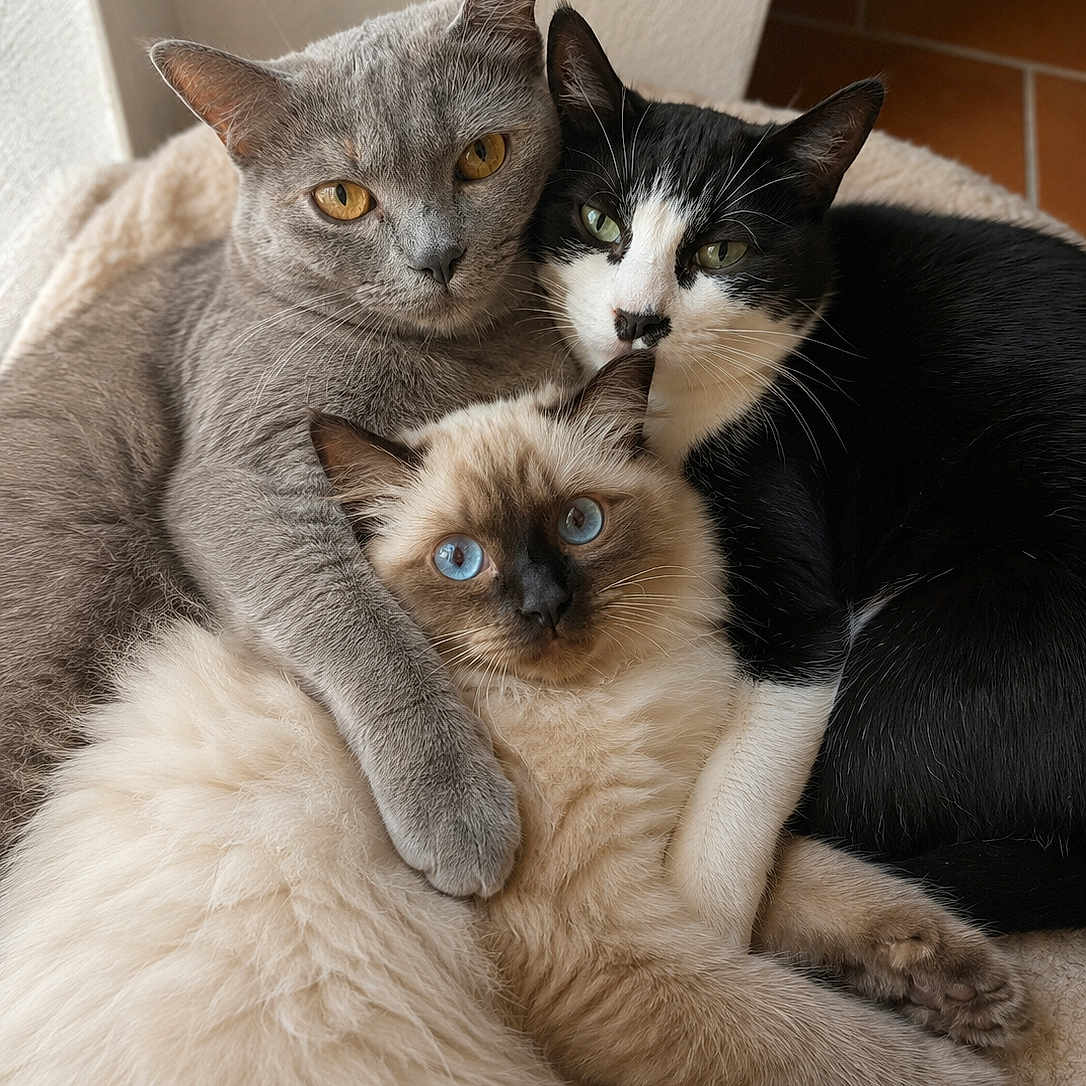 Choupi Nala Tigrou participe au concours pour gagner de l'argent avec cette photo : cats, three_cats, pets, feline, gray_cat, tuxedo_cat, siamese_cat, blue_eyes, green_eyes, amber_eyes, cuddling, sleeping, resting, closeup, fur, whiskers, ears, animal_portrait, cozy, blanket