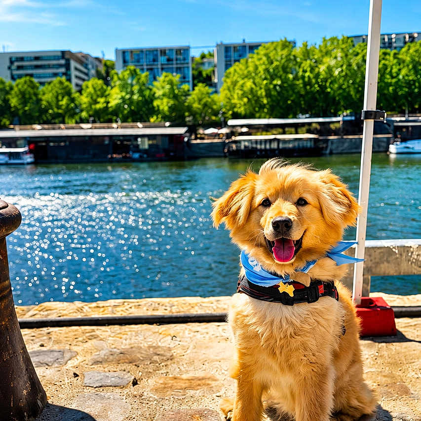 Max participe au concours pour gagner de l'argent avec cette photo : dog, puppy, golden_retriever, water, pier, sunny, blue_sky, clouds, trees, urban, outdoor, happy, sitting, collar, daylight, river, nature, canine, pet, smiling