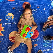 Amiel is registered to the contest to win money with this photo: alphabet, carpet, casual_clothing, child, colorful, education, floor, fun, group, happy, indoor, learning, person, planets, play, playtime, sneakers, space_theme, toddler, toy