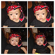 Kahlia is registered to the contest to win money with this photo: baby, child, infant, portrait, collage, headscarf, bandana, red, black_clothing, sitting, indoor, face, eyes, wide_eyed, looking_at_camera, photograph, duplicate_images, wooden_background, casual, cute