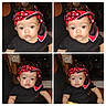 baby, child, infant, portrait, collage, headscarf, bandana, red, black_clothing, sitting, indoor, face, eyes, wide_eyed, looking_at_camera, photograph, duplicate_images, wooden_background, casual, cute