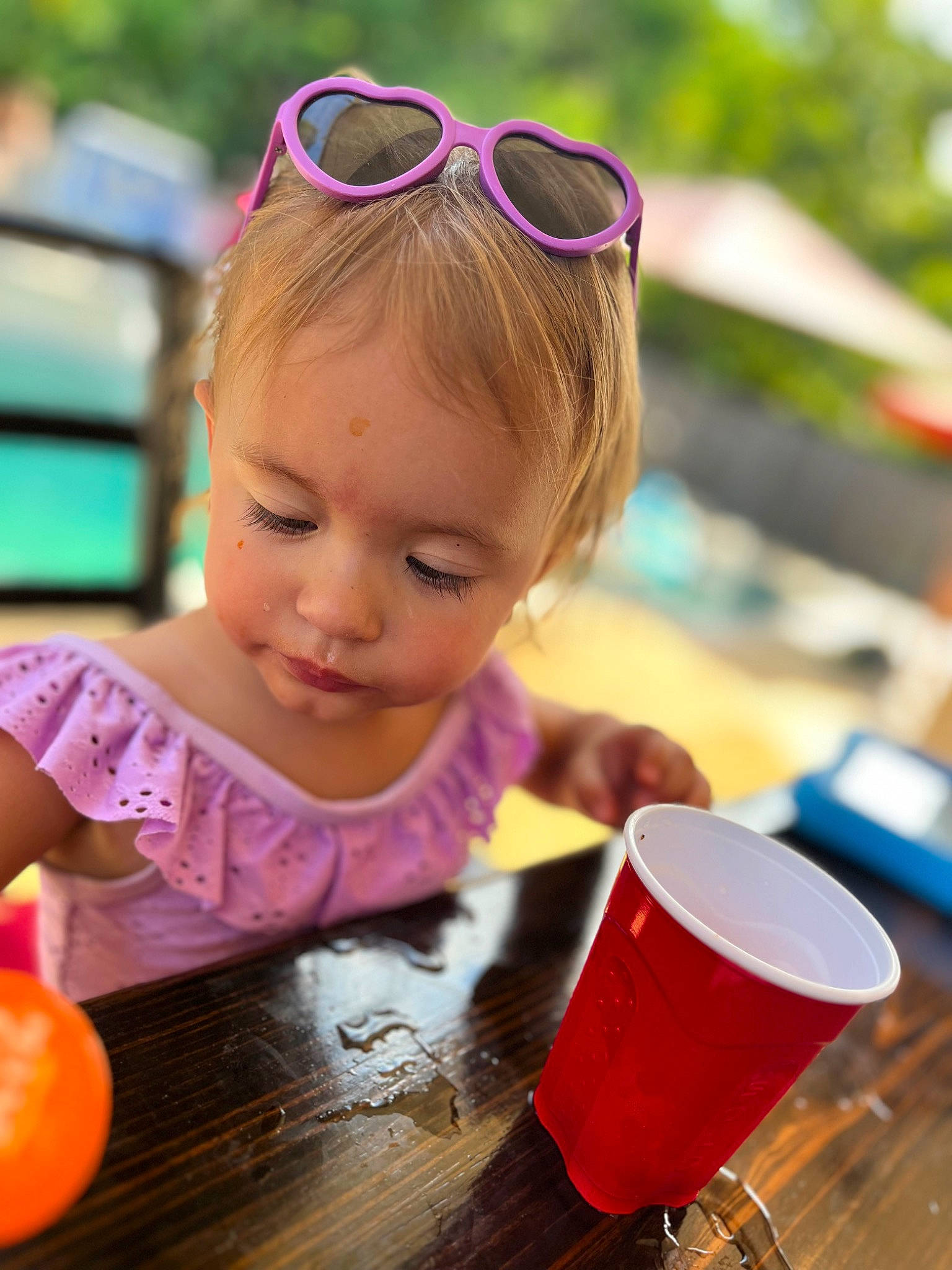 Cora joined the competition — help win amazing prizes! child, drink, eyewear, fun, glasses, goggles, grapefruit, happy, leisure, lip, orange, person, pink, pumpkin, recreation, sunglasses, table, tableware, toddler, vision_care