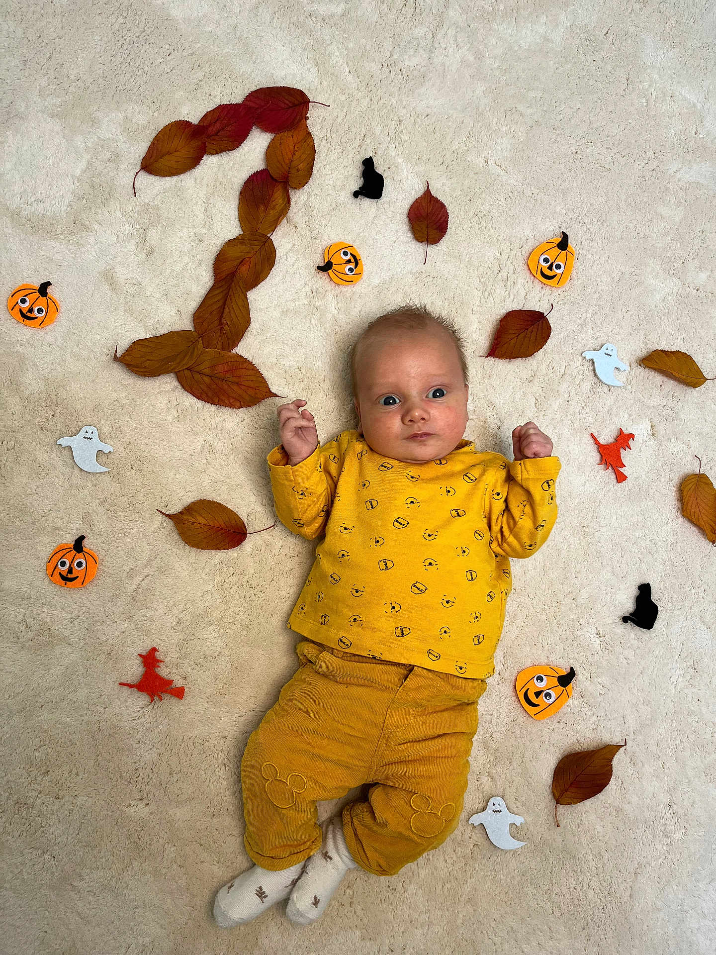 Elysio participe au concours pour gagner de l'argent avec cette photo : baby, child, autumn_leaves, halloween_decorations, pumpkin, ghost, witch, black_cat, number_two, yellow_clothing, mustard_pants, soft_carpet, lying_down, cute, indoors, seasonal, festive, smiling_face, cozy, playful