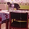 animal, brown, cat, chair, curious, domestic, floral, furniture, glass_mug, home, indoor, kitchen, leaf_pattern, pet, pink, tabby_cat, table, tablecloth, wallpaper, water_bottle