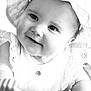 baby, child, smiling, hat, toy, face, portrait, black_and_white, cute, infant, happy, close_up, clothing, button, hand, eyes, skin, person, baby_toy, playtime
