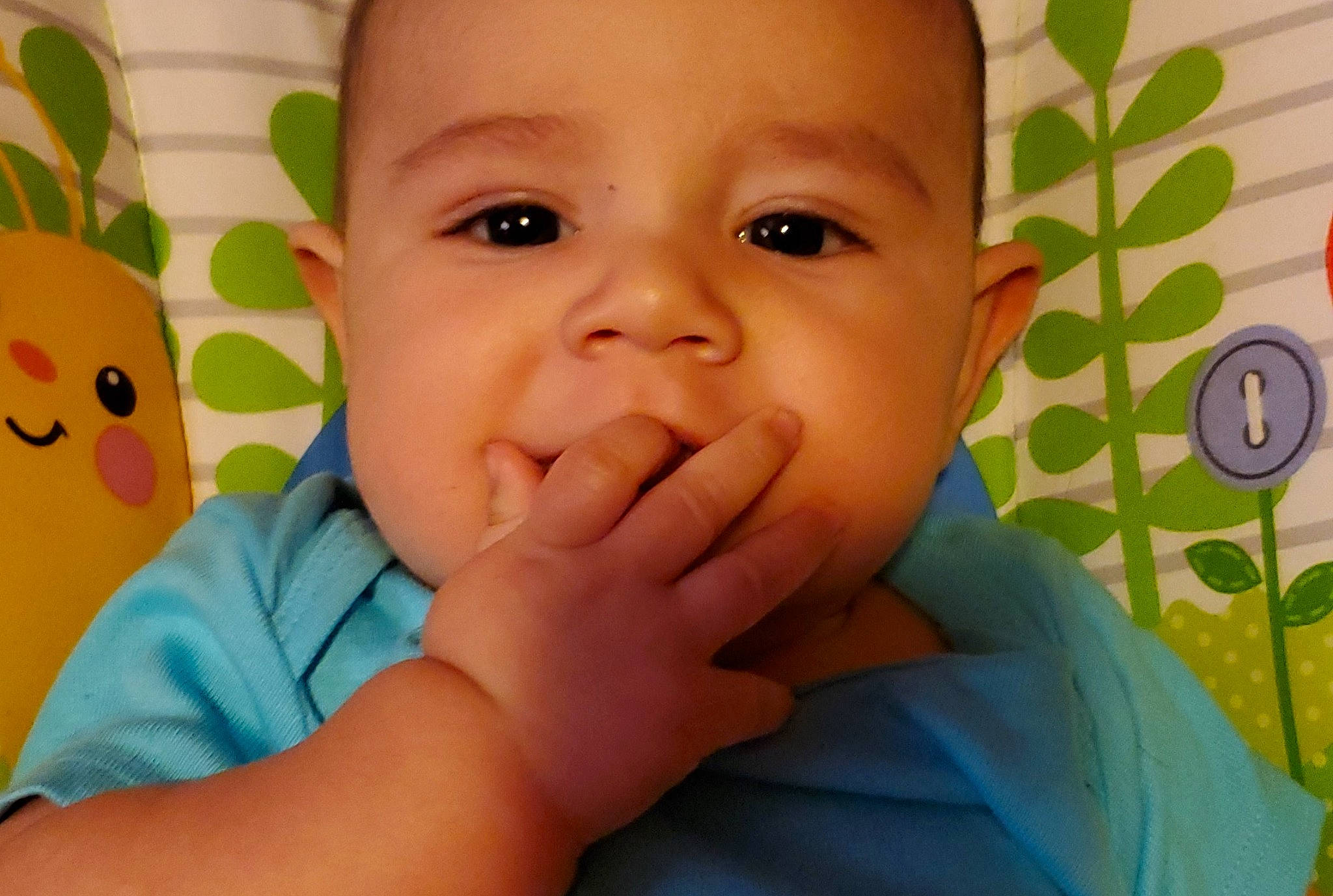 Johnathon is registered to the contest to win money with this photo: baby, baby_making_funny_faces, cheek, child, chin, close_up, eye, face, facial_expression, finger, forehead, hand, head, iris, lip, mouth, nose, person, skin, smile