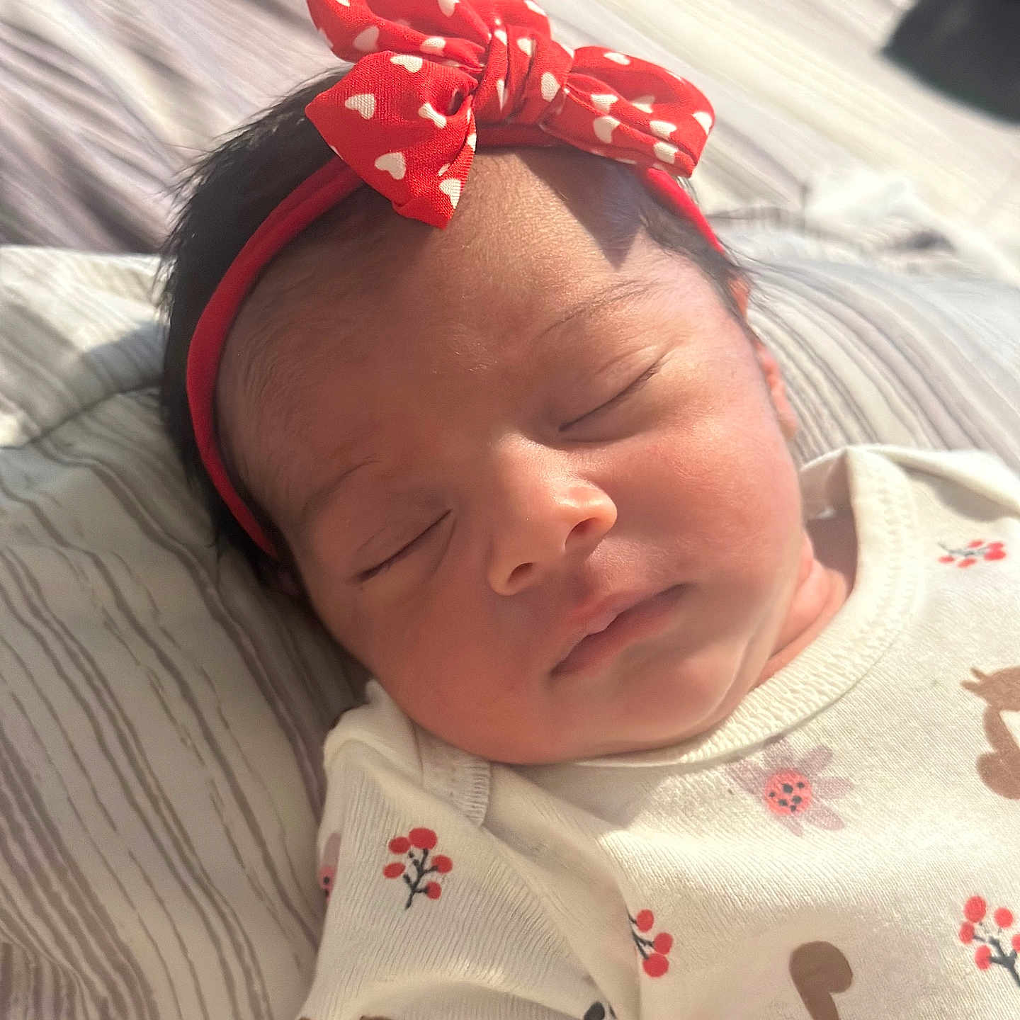 Miah Julieta joined the competition — help win amazing prizes! baby, bed, blanket, child, closeup, clothing, cute, floral_pattern, headband, hearts, infant, newborn, peaceful, portrait, red, resting, sleeping, soft_light, squirrel, white