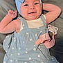 Salem joined the competition — help win amazing prizes! baby, child, smile, blue_bow, dress, lying_down, pacifier_clip, infant, cute, happy, face, skin, arm, hand, blanket, indoors, portrait, wearing, headwear, clothing
