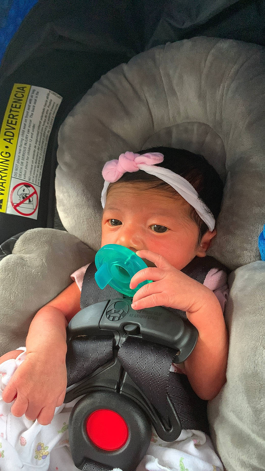 Calie joined the competition — help win amazing prizes! baby, baby_carriage, baby_in_car_seat, baby_products, baby_safety, baby_toddler_clothing, blue, car_seat, cheek, child, comfort, finger, fun, hat, headgear, headwear, mouth, person, personal_protective_equipment, skin