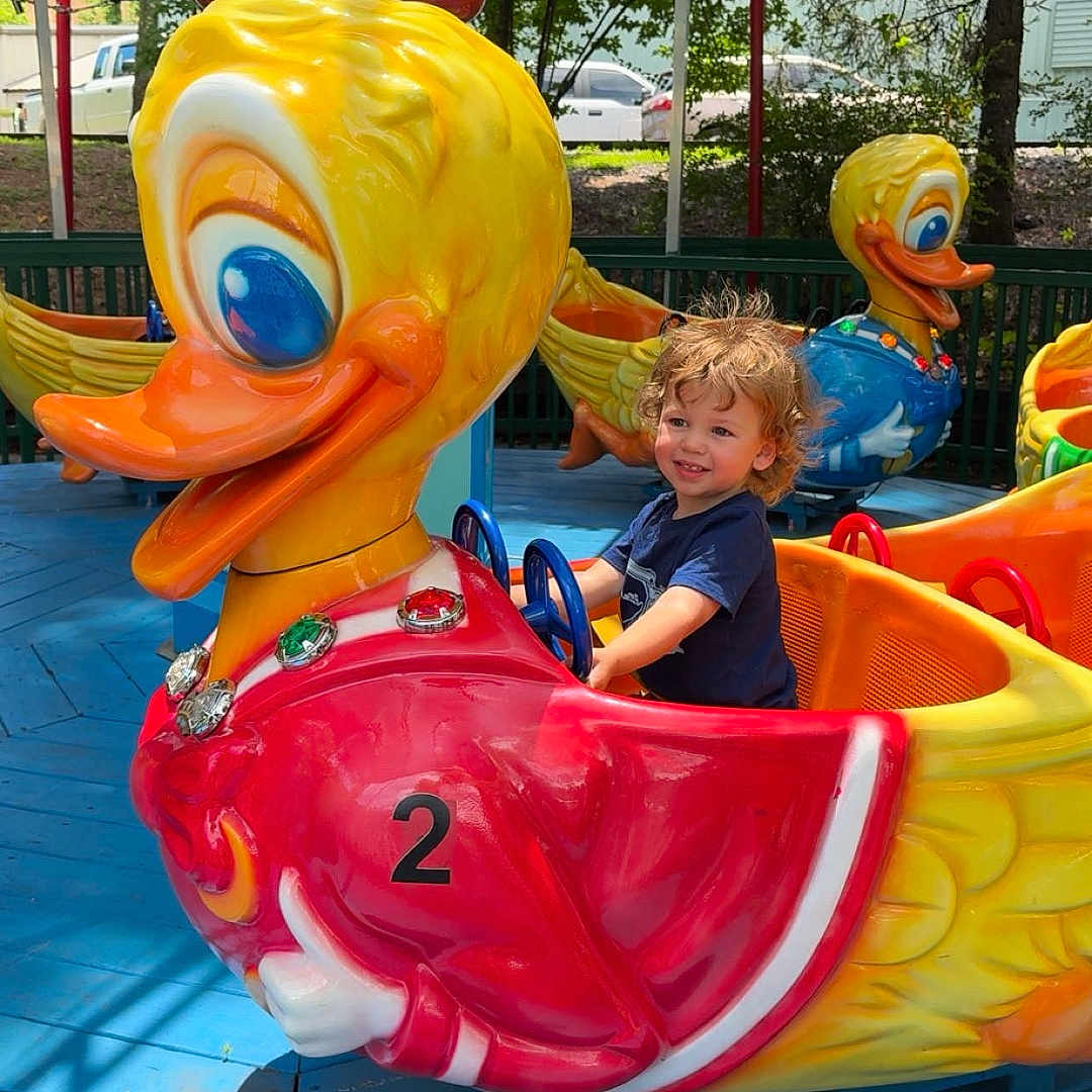 Ethan joined the competition — help win amazing prizes! amusement_park, blue_shirt, child, colorful, curly_hair, daytime, duck, fence, fun, greenery, happy, kid, outdoor, plastic, playful, ride, seat, smile, sunny, vehicle