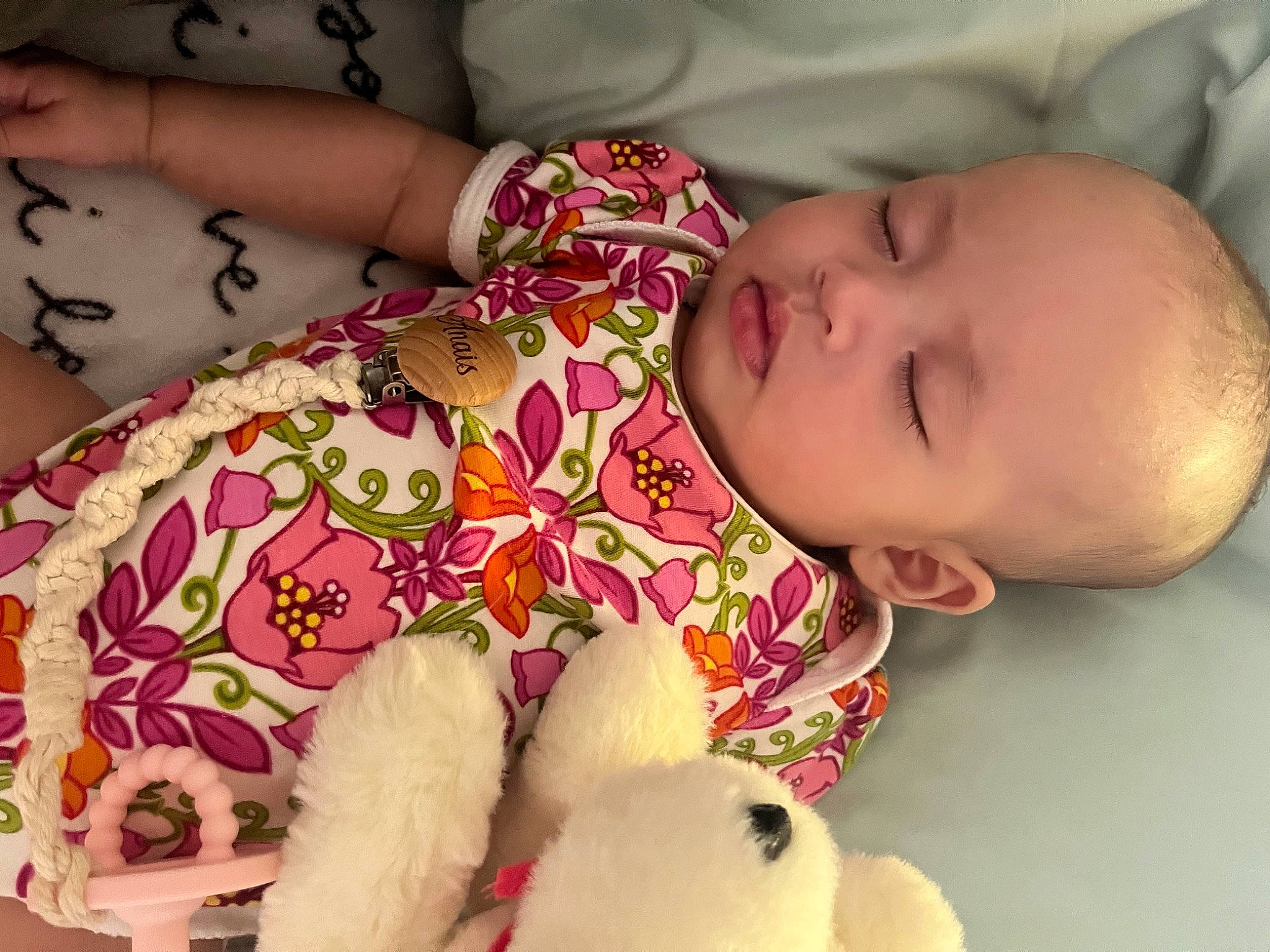 Anaïs is registered to the contest to win money with this photo: baby, baby_sleeping, baby_toddler_clothing, bedtime, cheek, child, comfort, finger, happy, linens, mouth, nose, person, pink, skin, stuffed_toy, teddy_bear, textile, toddler, toy