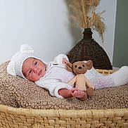 Siméo a rejoint le concours — aidez-le/la à gagner de superbes lots ! baby, basket, blanket, brown, child, clothing, cute, decor, face, furniture, hand, knitwear, neutral_background, person, plush_toy, portrait, resting, soft_texture, toy, white