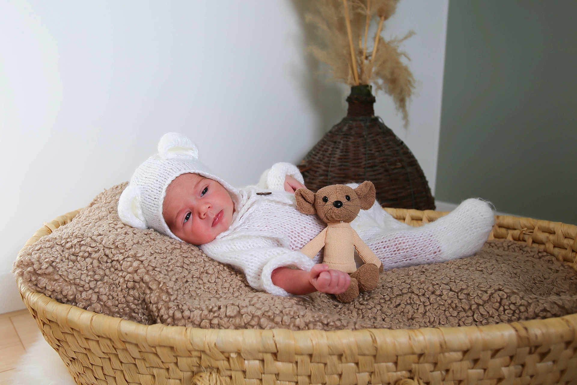 Siméo a rejoint le concours — aidez-le/la à gagner de superbes lots ! baby, basket, blanket, brown, child, clothing, cute, decor, face, furniture, hand, knitwear, neutral_background, person, plush_toy, portrait, resting, soft_texture, toy, white