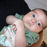 Asher is registered to the contest to win money with this photo: baby, infant, child, person, green_shirt, cartoon_print, tiger, cute, chubby_cheeks, holding, arm, closeup, face, looking_away, skin, short_hair, indoors, casual_clothing, expression, portrait