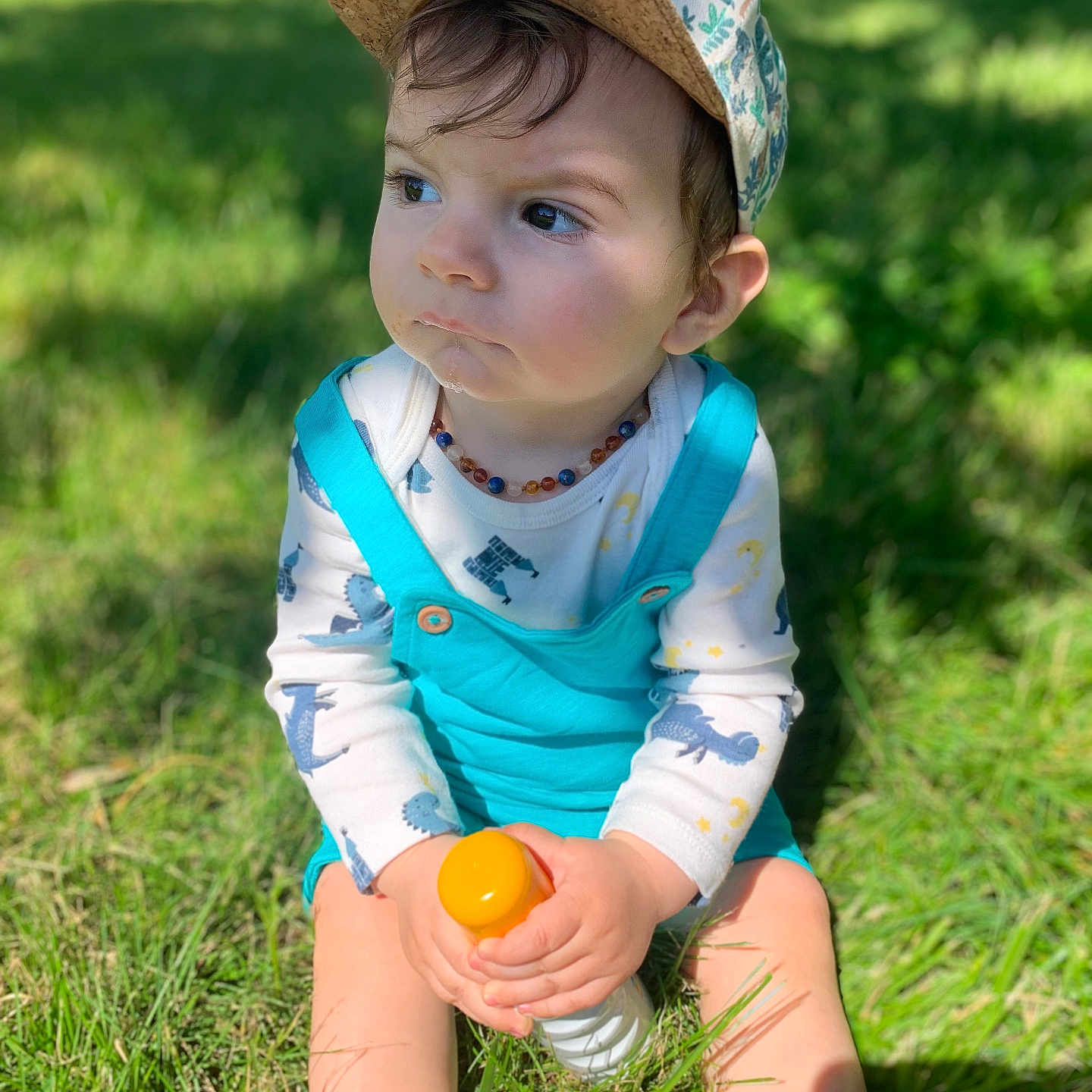 Isao participe au concours pour gagner de l'argent avec cette photo : baby, bottle, cap, child, clothing, daylight, dinosaur_pattern, expression, grass, greenery, hat, nature, necklace, outdoor, overalls, person, portrait, sitting, sunlight, toddler