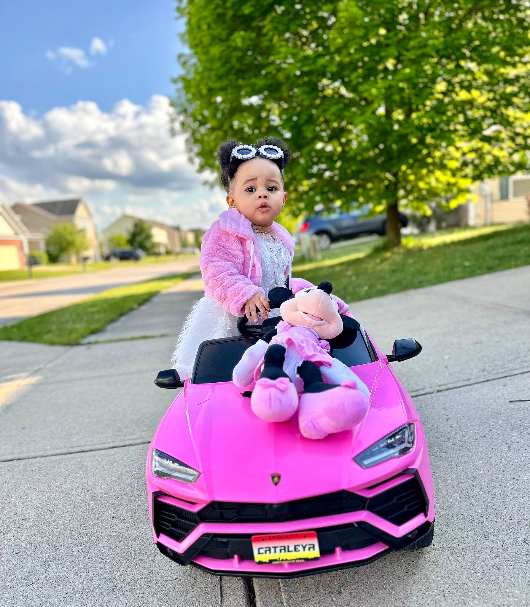 Cataleya is registered to the contest to win money with this photo: automotive_design, automotive_exterior, automotive_tire, automotive_wheel_system, bumper, car, cloud, grass, hat, hood, leisure, motor_vehicle, person, pink, plant, riding_toy, sky, summer, toddler, tree