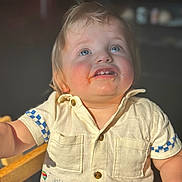 Owen joined the competition — help win amazing prizes! toddler, child, blue_eyes, messy_face, shirt, buttoned_shirt, high_chair, wooden_chair, sunlight, indoor, portrait, cute, happy, skin, face, short_sleeves, clothing, expression, baby, person