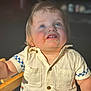toddler, child, blue_eyes, messy_face, shirt, buttoned_shirt, high_chair, wooden_chair, sunlight, indoor, portrait, cute, happy, skin, face, short_sleeves, clothing, expression, baby, person