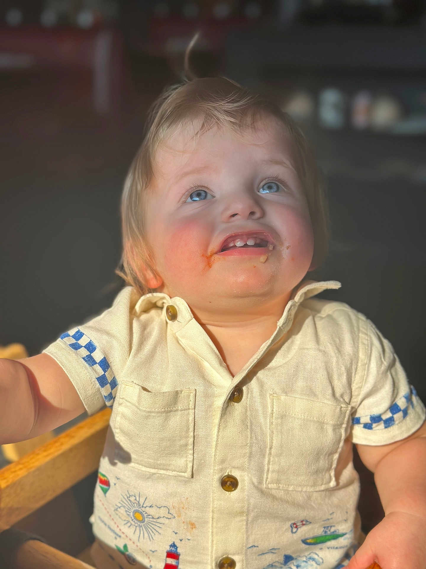 Owen joined the competition — help win amazing prizes! toddler, child, blue_eyes, messy_face, shirt, buttoned_shirt, high_chair, wooden_chair, sunlight, indoor, portrait, cute, happy, skin, face, short_sleeves, clothing, expression, baby, person