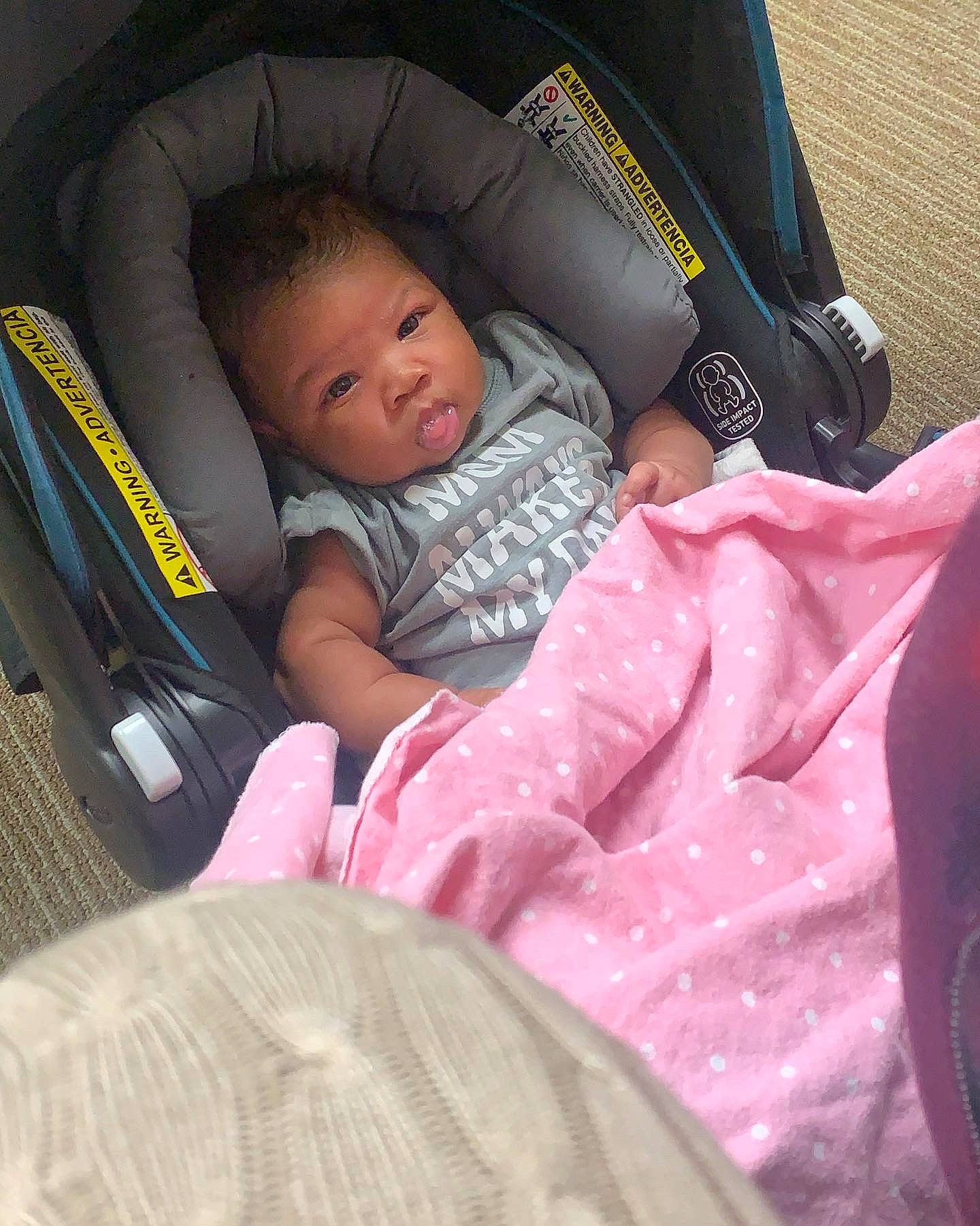 Journee is registered to the contest to win money with this photo: baby, baby_carriage, baby_in_car_seat, baby_products, baby_safety, baby_sleeping, baby_toddler_clothing, car_seat, carmine, cheek, child, comfort, head, infant_bed, lap, linens, magenta, nap, person, sitting