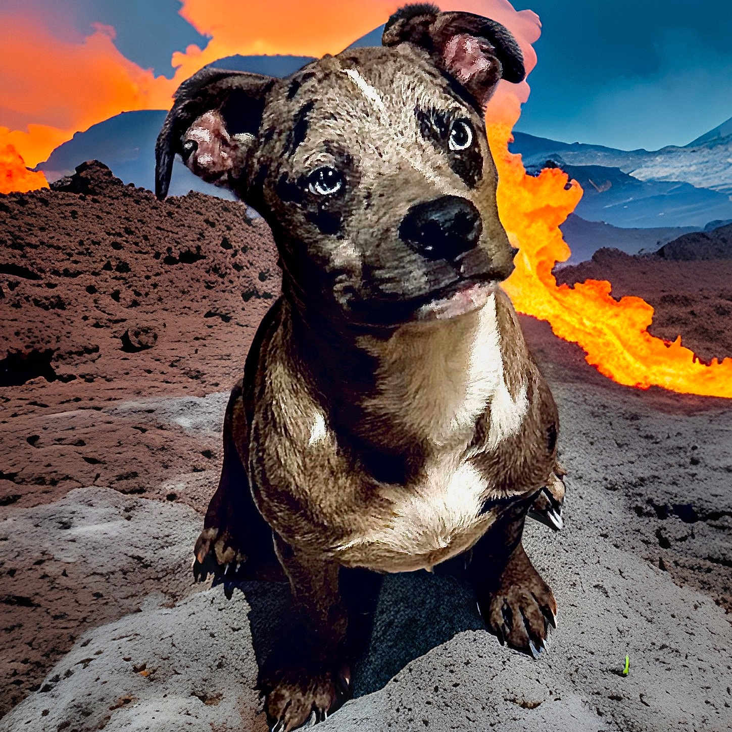 Diesel is registered to the contest to win money with this photo: animal, bulldog, canine, cloud, dog, hound, mountain, mountainrange, nature, outdoors, peak, pet, pig, pitbull, puppy, rock, scenery, sky, soil, volcano