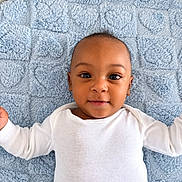 Mas joined the competition — help win amazing prizes! baby, infant, child, portrait, lying_down, smiling, face, eyes, white_outfit, long_sleeves, blue_blanket, blanket, indoor, close_up, adorable, happy, looking_at_camera, arms_outstretched, baby_bedding, photography
