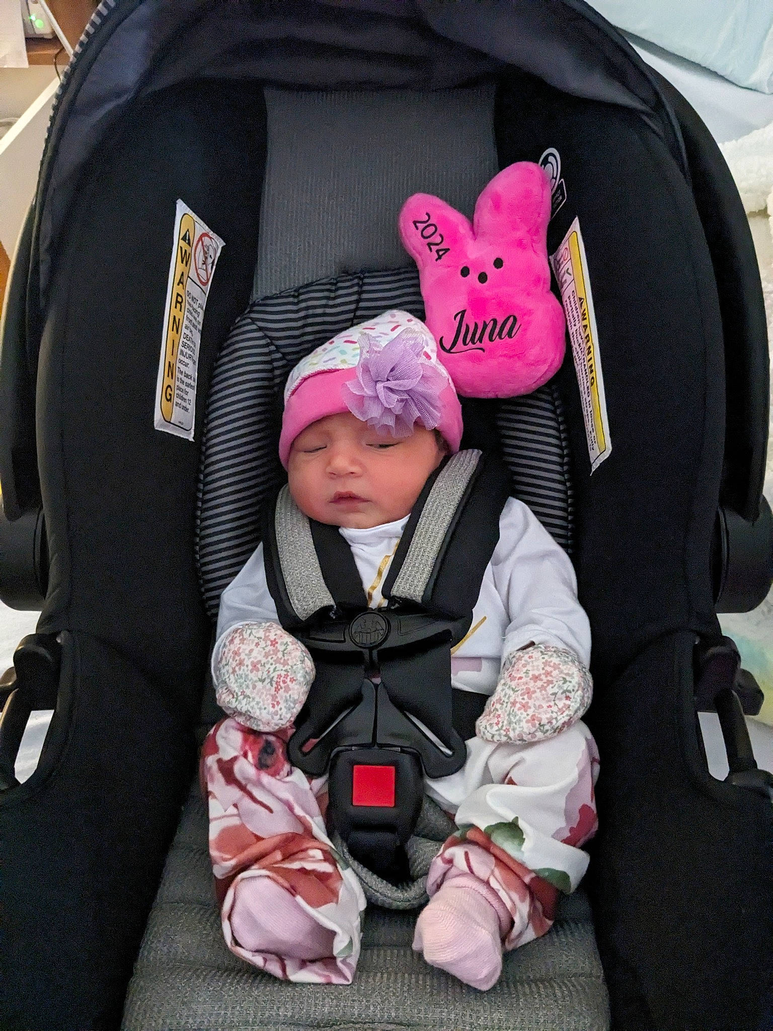 Luna joined the competition — help win amazing prizes! auto_part, baby, baby_carriage, baby_products, baby_toddler_clothing, beanie, cap, car_seat, car_seat_cover, carmine, child, comfort, headgear, headwear, knit_cap, lap, magenta, person, pink, product