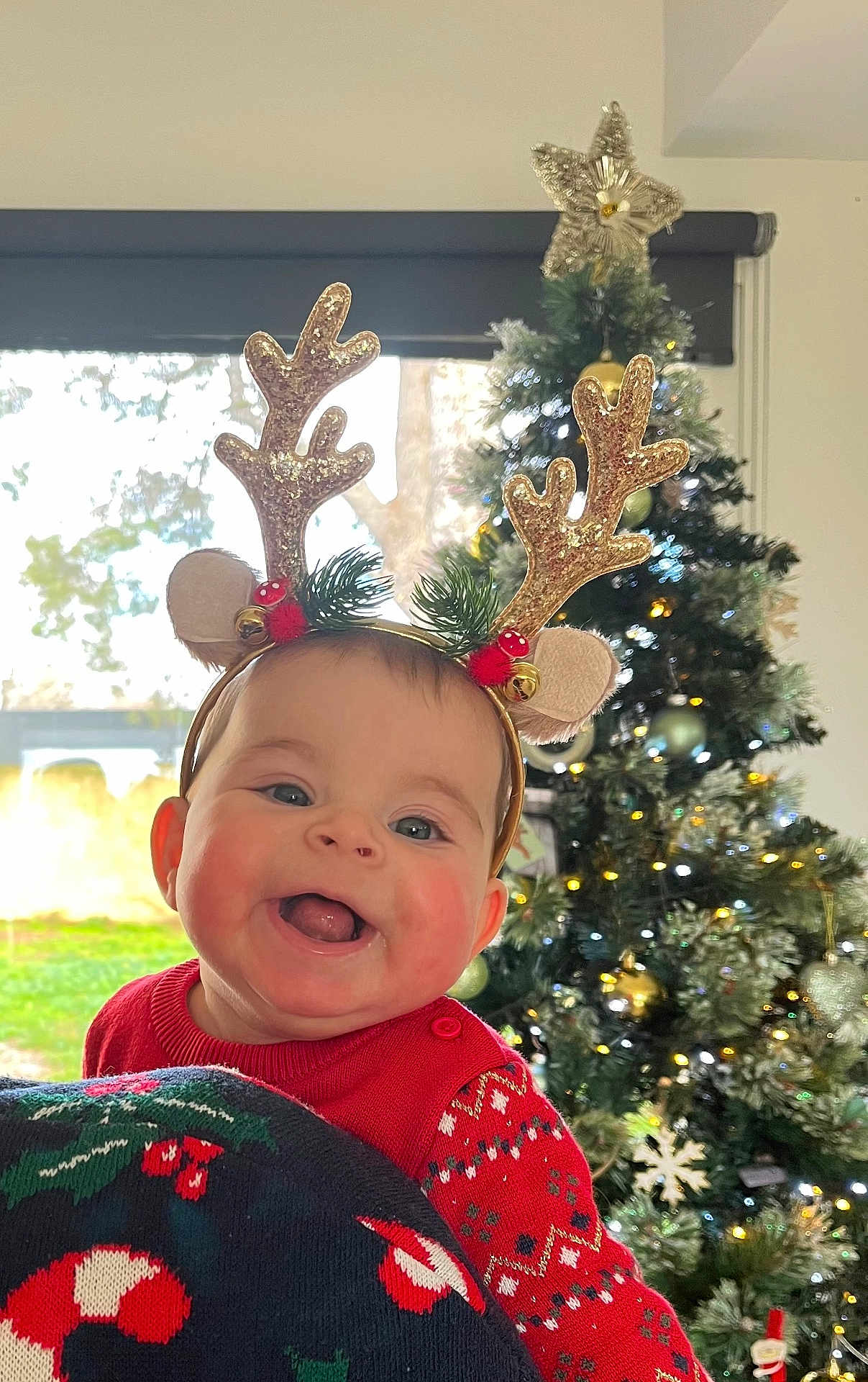 Lysie Rose a rejoint le concours — aidez-le/la à gagner de superbes lots ! baby, child, smiling, reindeer_antlers, christmas_tree, holiday, festive, red_sweater, indoor, happy, face, person, decoration, seasonal, celebration, cute, headband, greenery, ornaments, joy