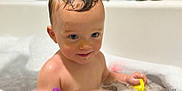 Sonny joined the competition — help win amazing prizes! toddler, child, bath, bathtub, bubbles, wet_hair, toy, yellow_toy, purple_toy, foam, water, skin, playful, cute, smile, indoor, baby, young_child, fun, happy
