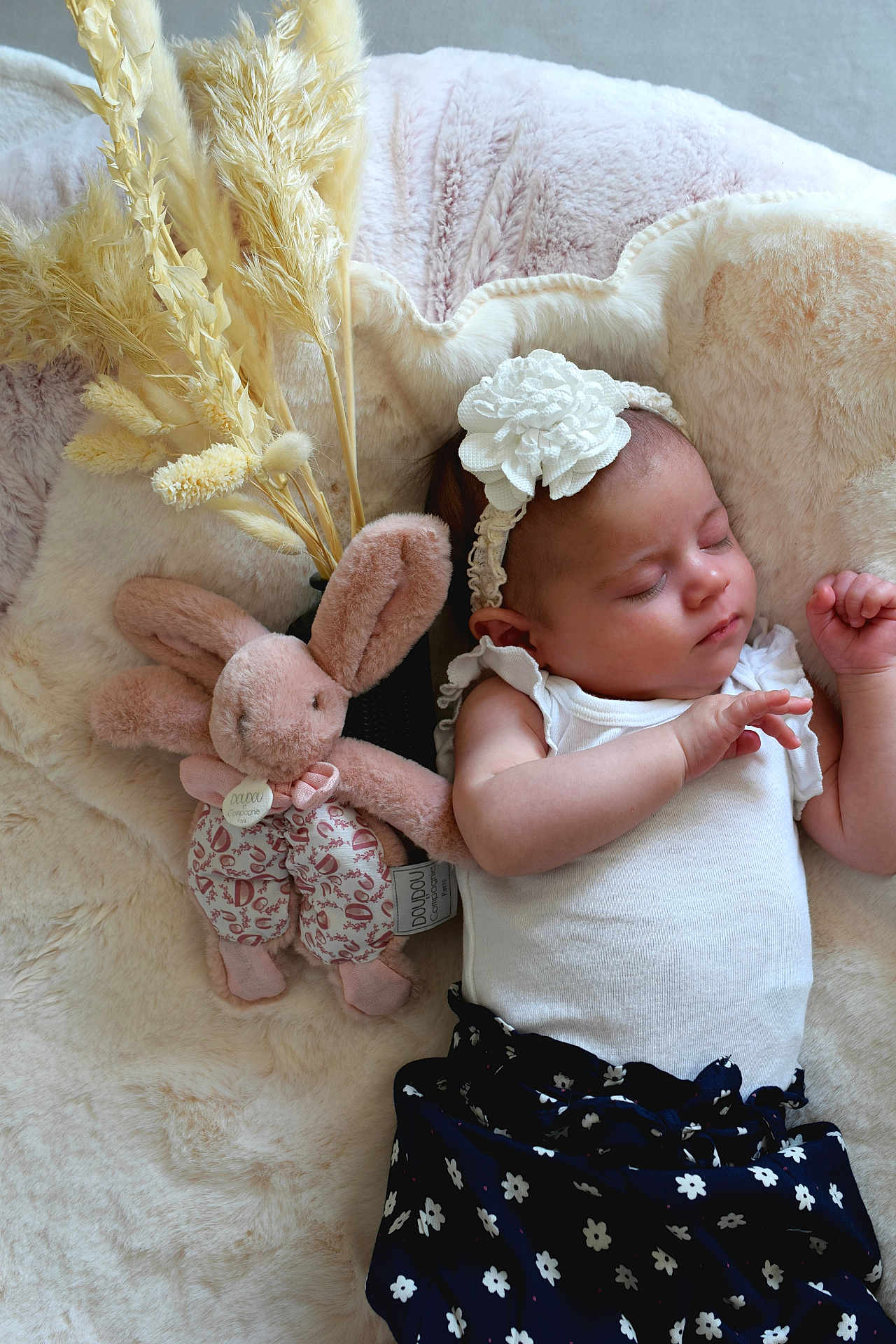 Joey a rejoint le concours — aidez-le/la à gagner de superbes lots ! baby, sleeping, plush_toy, headband, flower, blanket, soft_toy, pampas_grass, infant, cute, child, white_top, floral_skirt, resting, cozy, indoor, peaceful, adorable, skin, person