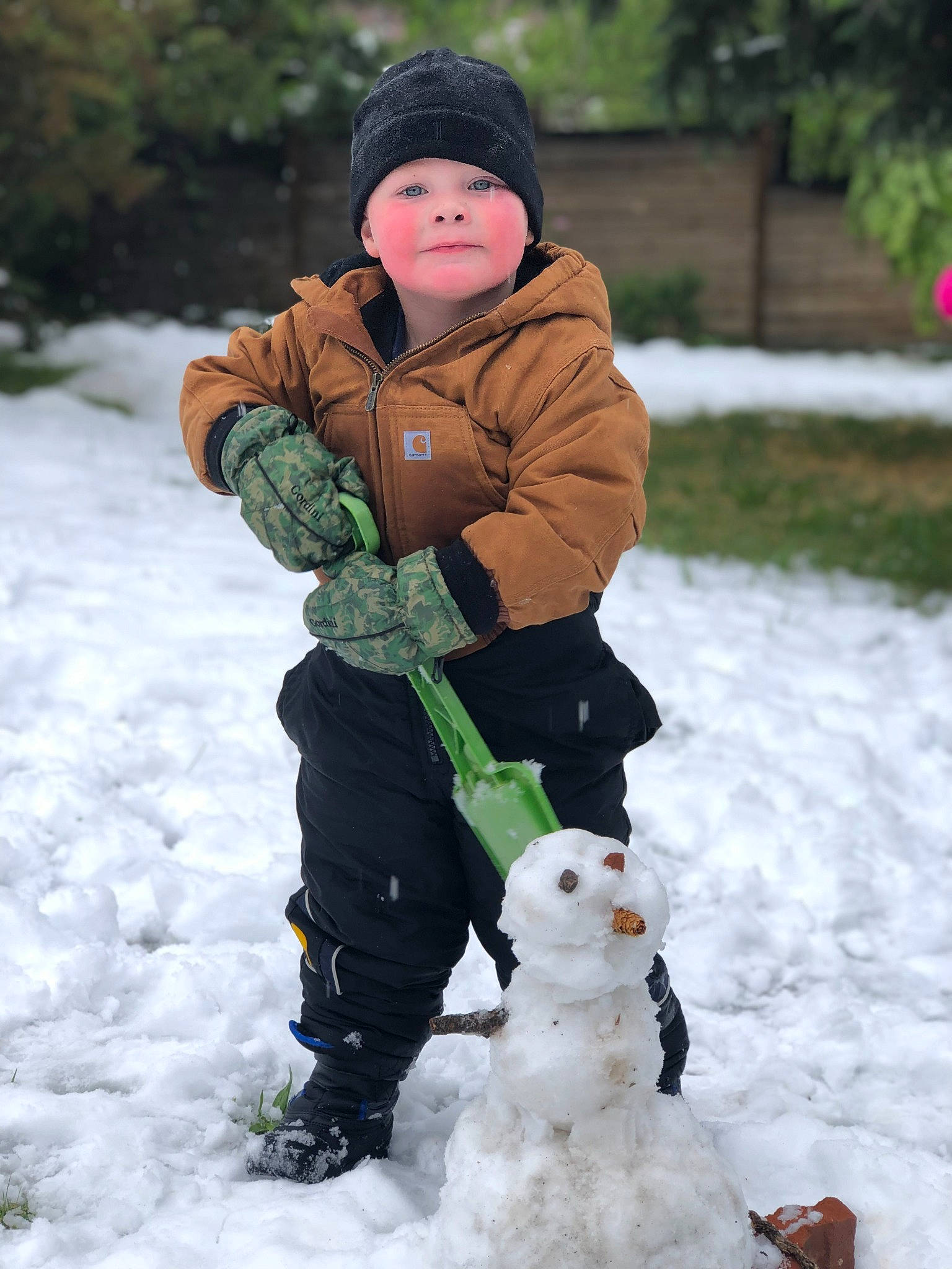 Wyatt joined the competition — help win amazing prizes! baby, baby_toddler_clothing, cheek, face, freezing, fun, head, headwear, jacket, people_in_nature, person, photograph, plant, playing_in_the_snow, recreation, sleeve, snow, snowman, toddler, tree