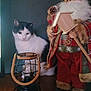 cat, black_and_white, lantern, santa_claus, figurine, holiday, decor, wooden_surface, indoor, feline, ornament, beard, glasses, rope_handle, plaid, red_clothing, fur_trim, quiet, curious, still_life