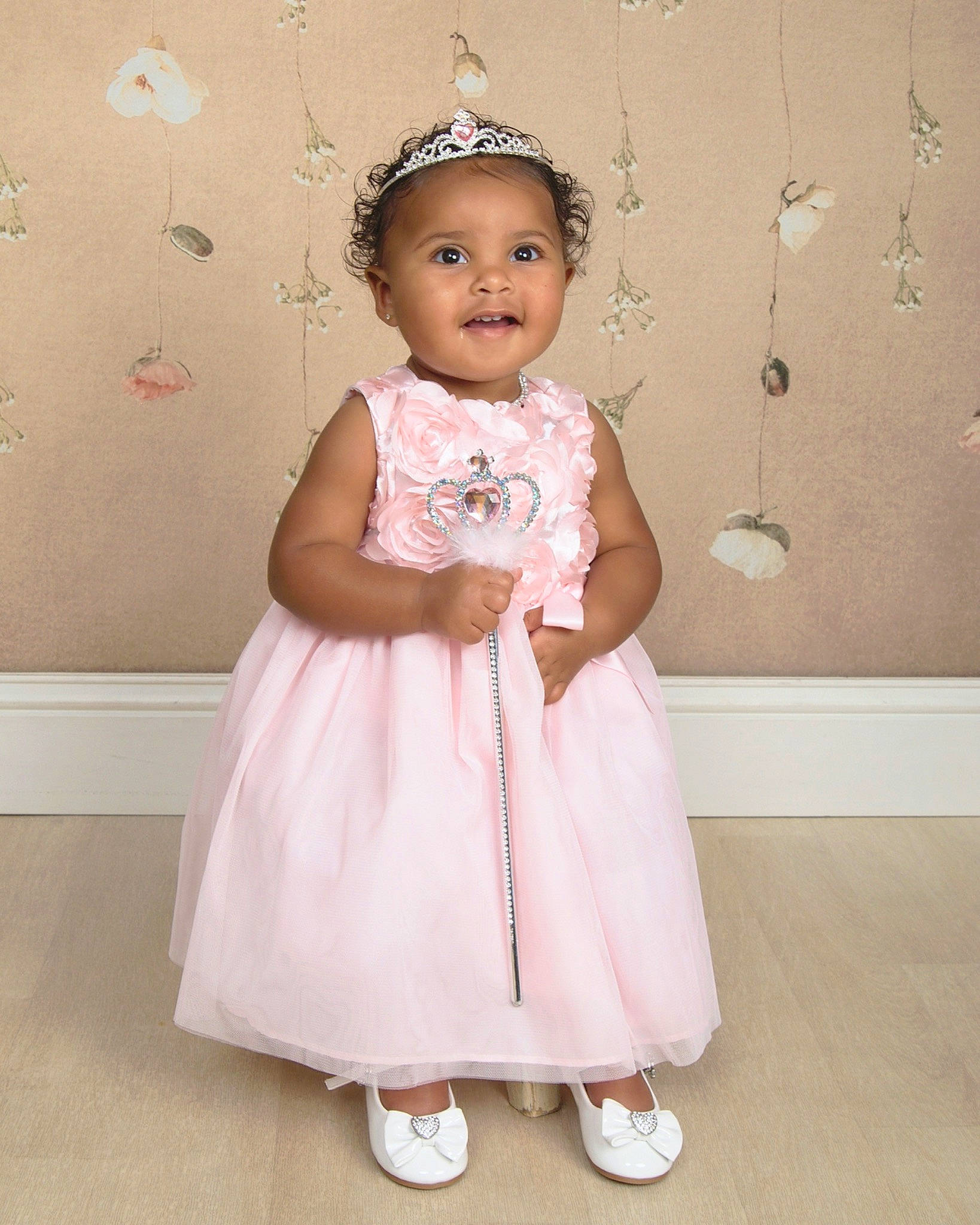 Aliyah joined the competition — help win amazing prizes! a_line, baby, baby_toddler_clothing, bridal_accessory, bridal_party_dress, child, child_model, clothing, costume, dress, formal_wear, gown, hair_accessory, headpiece, headwear, person, pink, smile, toddler, white