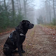 Taïra a rejoint le concours — aidez-le/la à gagner de superbes lots ! autumn, black_dog, bokeh, depth_of_field, dog, fog, forest, harness, leaves, mist, moody, nature, outdoors, path, pet, portrait, sitting, solitude, trees, walking_trail