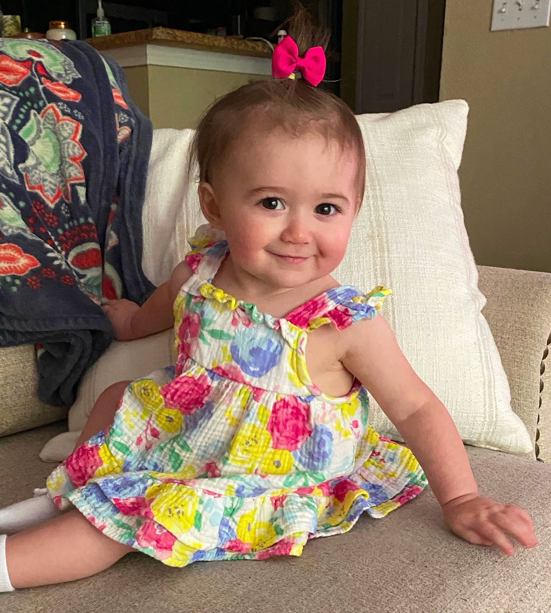 Mason joined the competition — help win amazing prizes! baby, baby_toddler_clothing, cheek, child, dress, eye, fun, hairstyle, happy, joy, neck, pattern, person, pink, product, sitting, skin, sleeve, smile, t_shirt