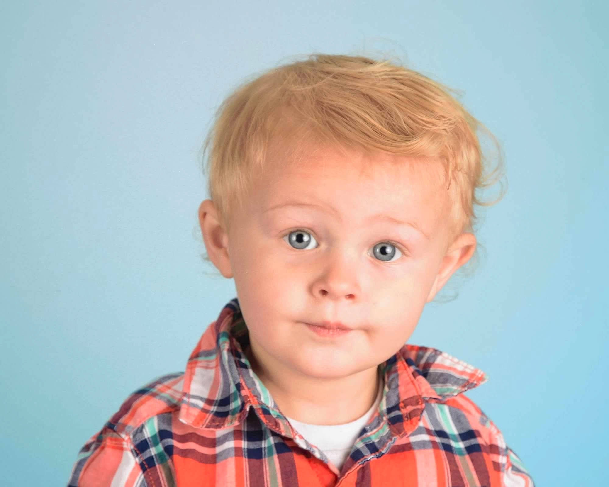 Cayson is registered to the contest to win money with this photo: baby_toddler_clothing, blond, cheek, child, chin, collar, dress_shirt, electric_blue, eye, eyelash, fun, iris, lip, neck, nose, pattern, person, plaid, sleeve, tartan