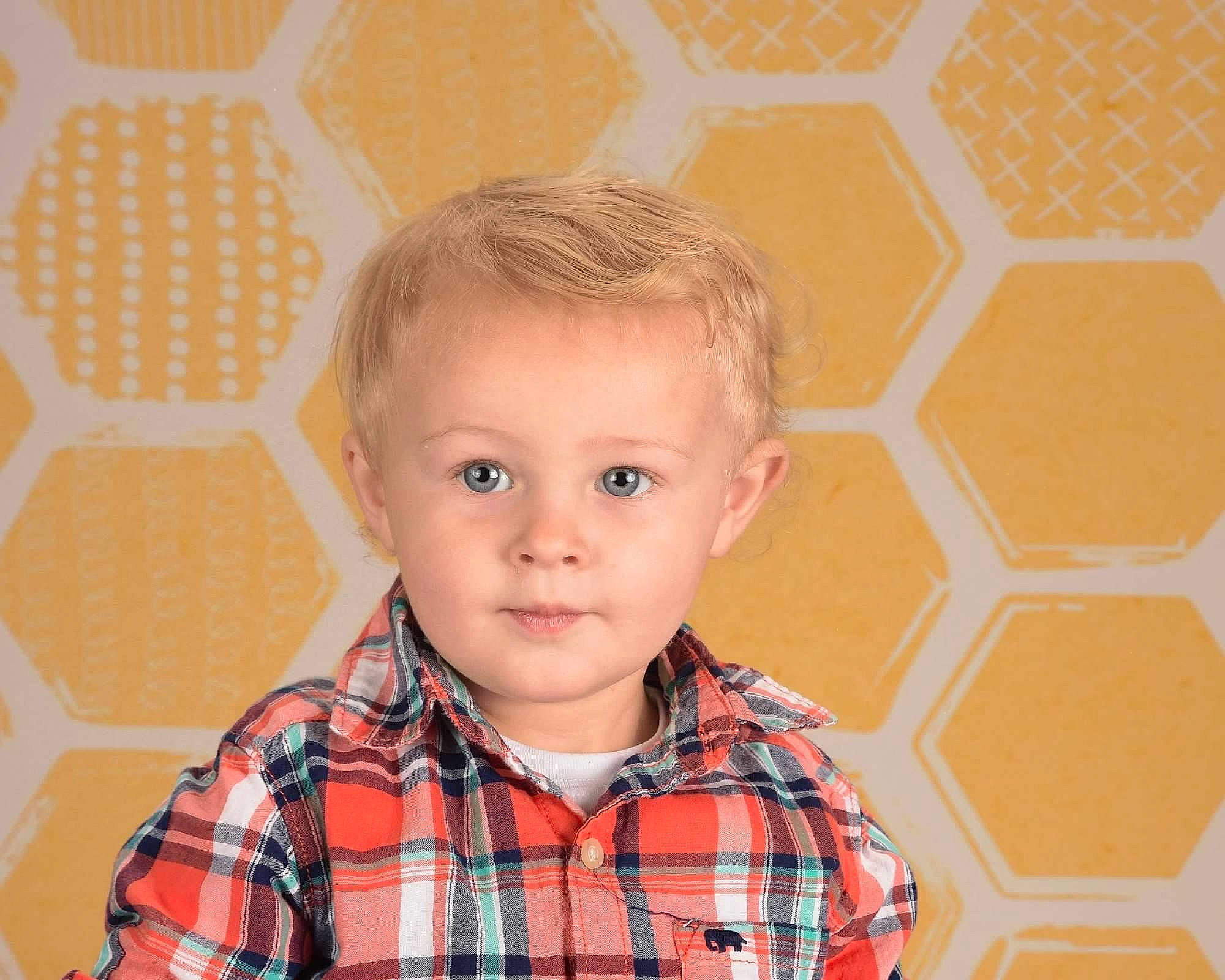 Cayson joined the competition — help win amazing prizes! baby_toddler_clothing, cheek, child, circle, collar, design, dress_shirt, eye, hairstyle, happy, iris, orange, pattern, person, plaid, sleeve, smile, symmetry, tartan, textile