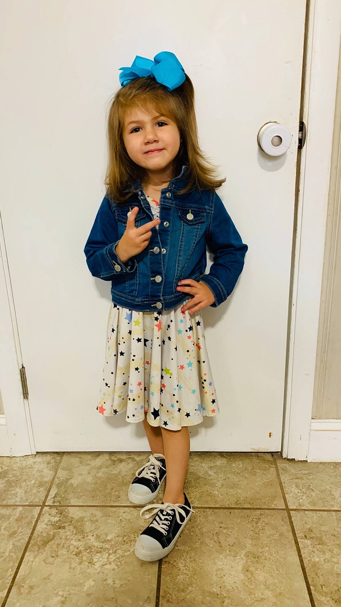 Aliza joined the competition — help win amazing prizes! baby_toddler_clothing, blazer, blue, collar, denim, dress_shirt, electric_blue, face, fashion, happy, joy, knee, outerwear, pattern, person, shoe, sleeve, smile, standing, street_fashion