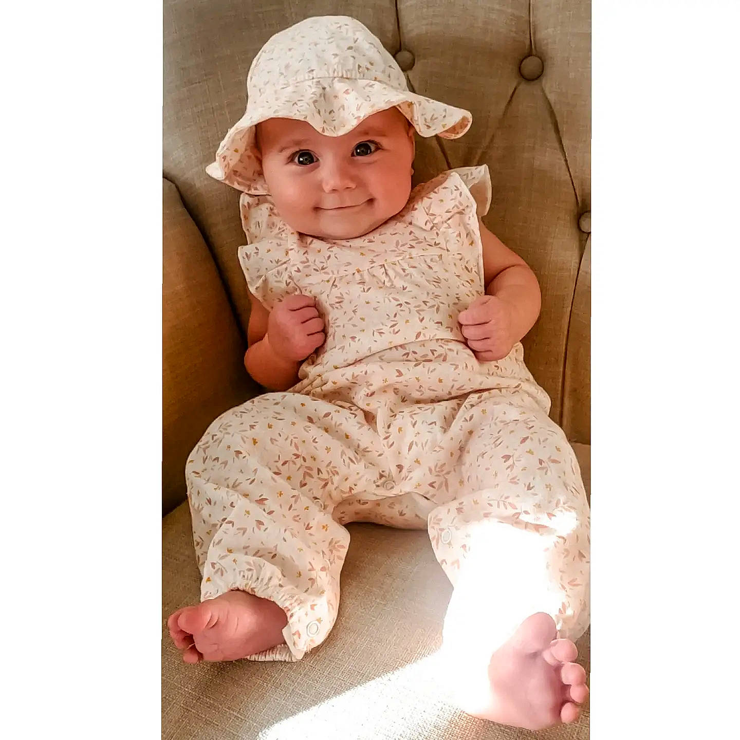 Maeve joined the competition — help win amazing prizes! baby, baby_toddler_clothing, cap, collar, face, fashion_design, hairstyle, happy, head, headwear, human_body, human_leg, joy, lip, neck, peach, person, skin, sleeve, smile