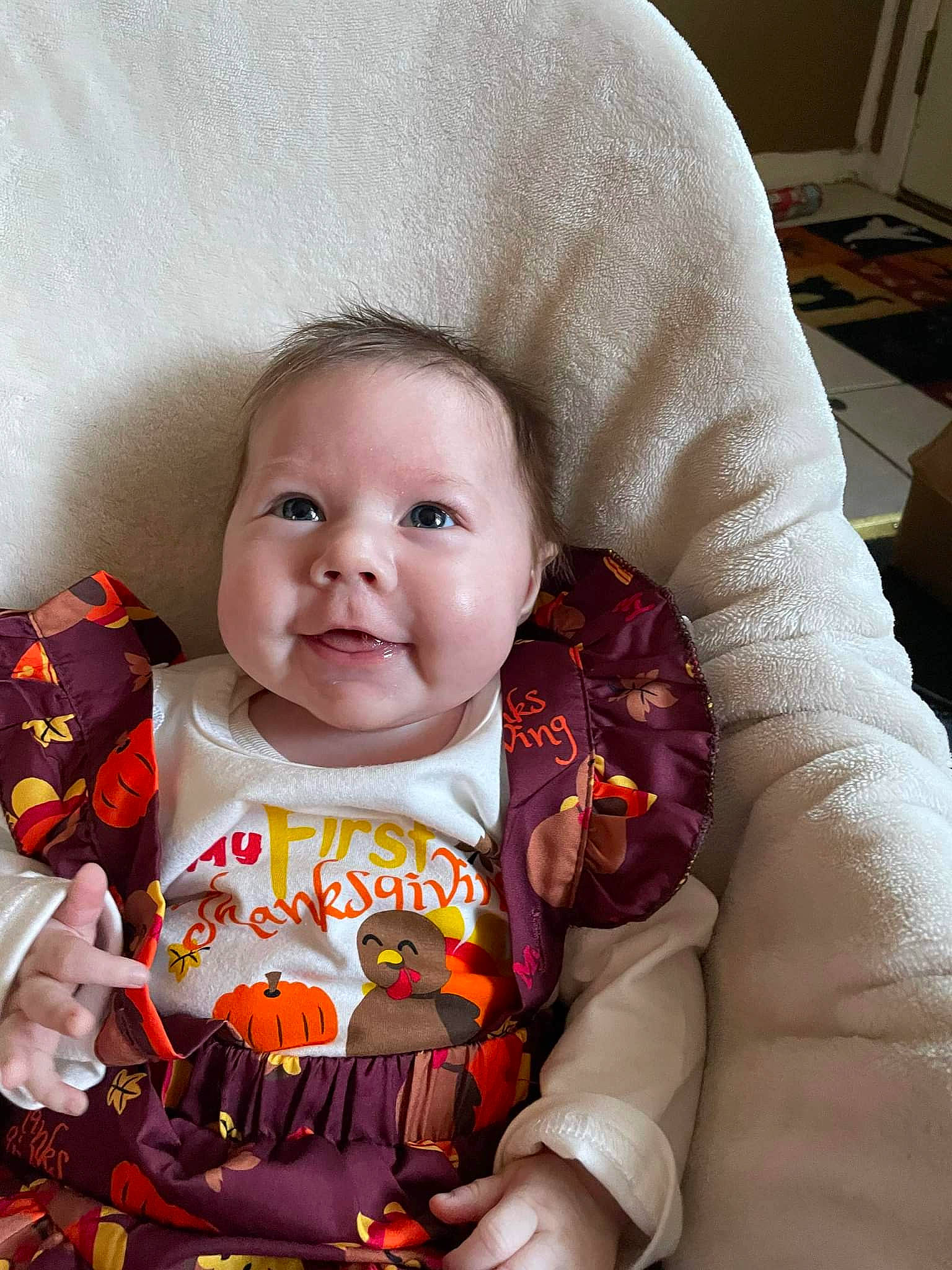 Averi is registered to the contest to win money with this photo: baby, baby_toddler_clothing, cheek, child, comfort, cool, eye, face, happy, head, iris, linens, lip, mouth, nose, person, skin, sleeve, smile, textile