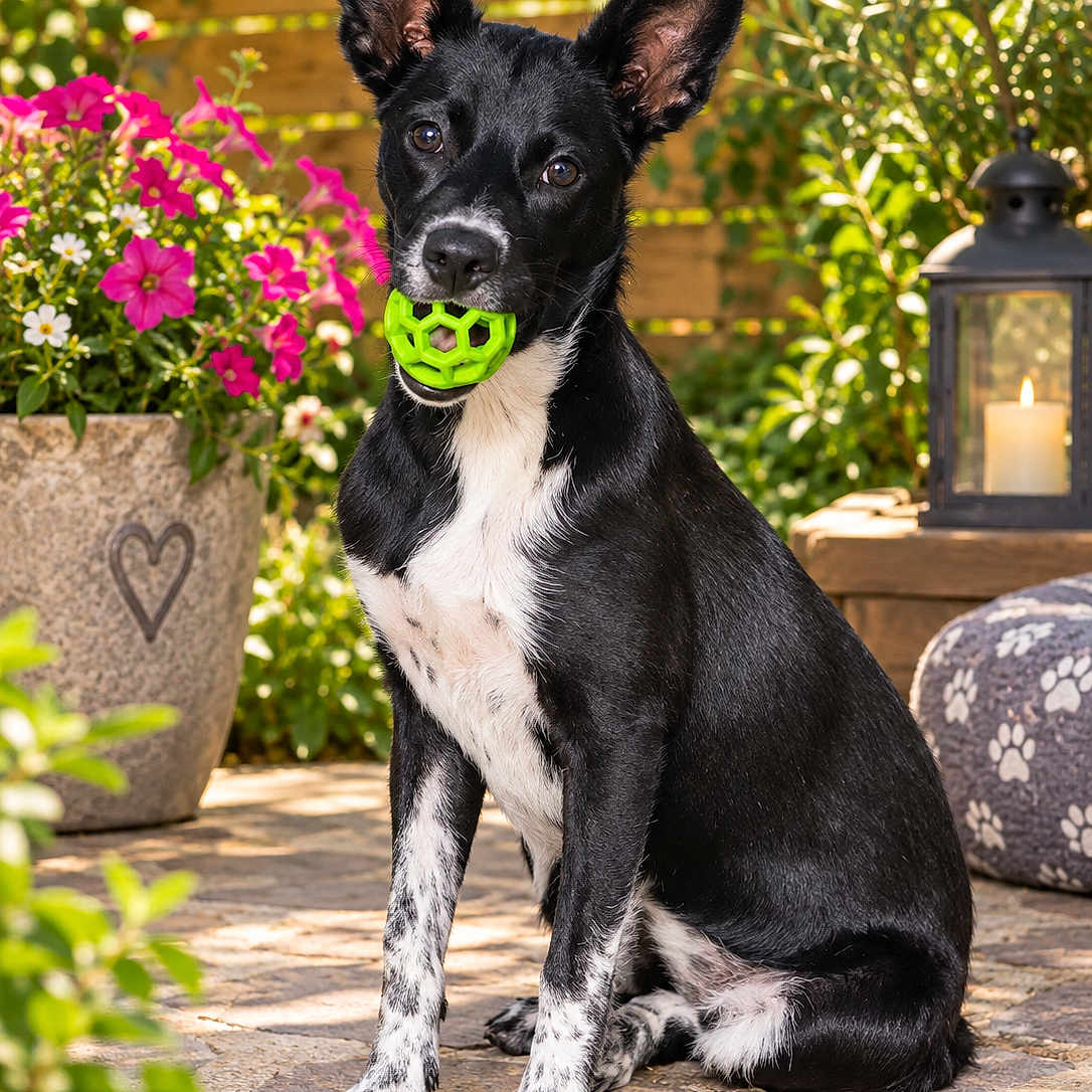 Fanny a rejoint le concours — aidez-le/la à gagner de superbes lots ! dog, puppy, black_and_white, sitting, toy, green_toy, garden, outdoor, flowers, plants, wooden_fence, lantern, candle, patio, stone_paving, pet, animal, portrait, upright_ears, sunlight