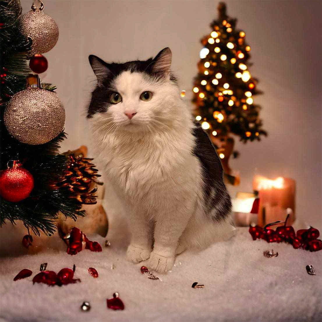 Pickle is registered to the contest to win money with this photo: beauty, branch, candle, carnivore, cat, christmas_decoration, christmas_ornament, christmas_tree, event, felidae, holiday, holiday_ornament, lighting, ornament, photograph, small_to_medium_sized_cats, snow, tree, whiskers, woody_plant