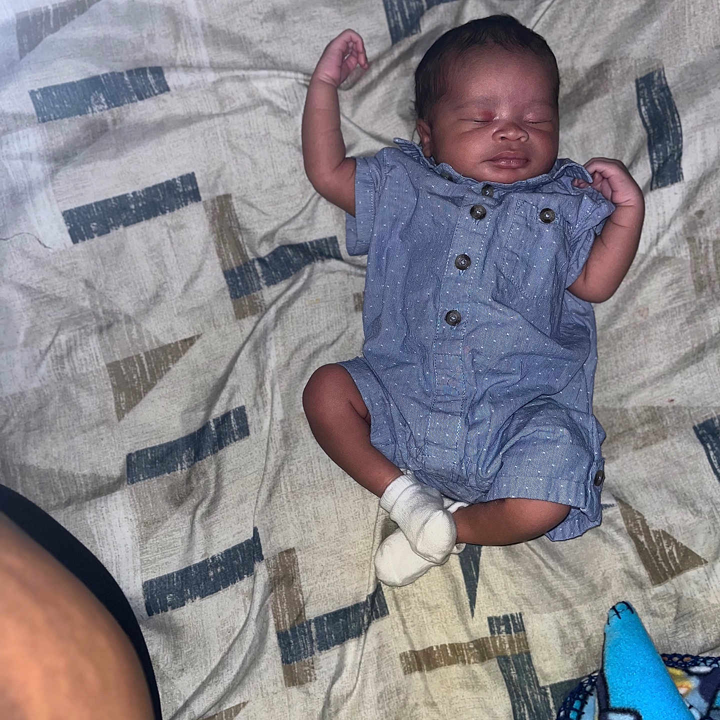 Mikhailo is registered to the contest to win money with this photo: arm, baby, blanket, blue_clothing, child, colorful_toy, cute, indoors, infant, lying_down, patterned_blanket, peaceful, person, plush_toy, rest, romper, sleep, sleeping, white_socks, young