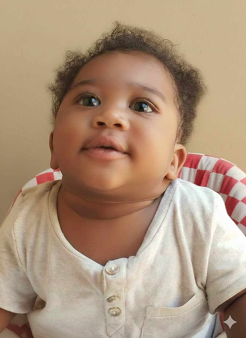 Hamza is registered to the contest to win money with this photo: baby, child, infant, face, eyes, smile, curly_hair, white_shirt, buttoned_shirt, sitting, cushion, red_and_white_stripes, beige_wall, portrait, cute, young_child, indoors, closeup, skin, happy